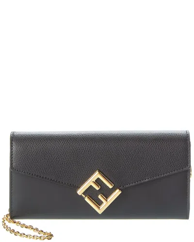 Fendi Ff Diamonds Leather Wallet On Chain In Black