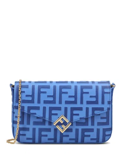Fendi Ff Diamonds Leather Wallet On Chain In Blue