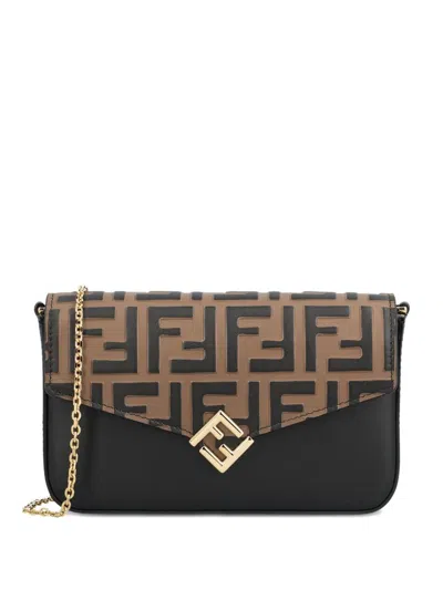 Fendi Ff Diamonds Leather Wallet On Chain In Brown