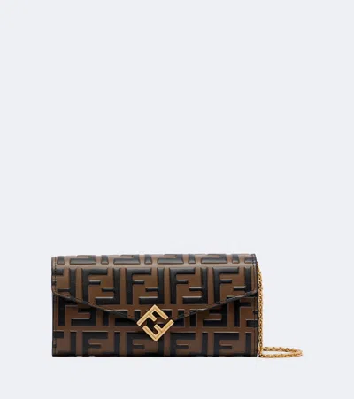 Fendi Ff Diamonds Leather Wallet On Chain In Brown