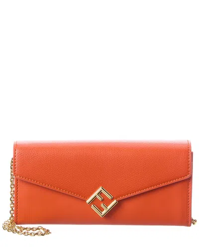 Fendi Ff Diamonds Leather Wallet On Chain In Orange