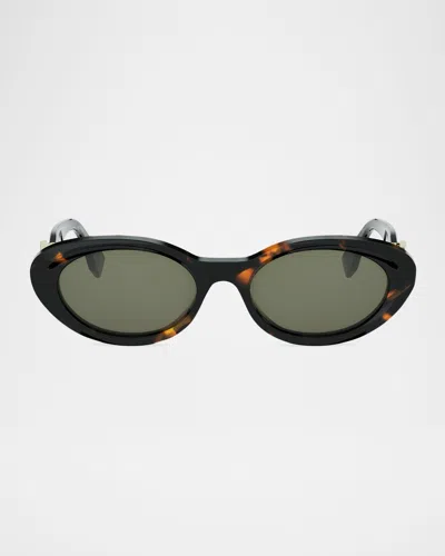 Fendi Ff Diamonds Oval Havana Acetate Sunglasses In Brown