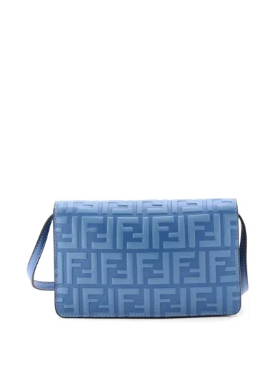 Pre-owned Fendi Ff Diamonds Wallet On Chain Ff Embossed Leather Shoulder Bag In Blue