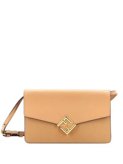 Pre-owned Fendi Ff Diamonds Wallet On Chain Leather Shoulder Bag In Brown