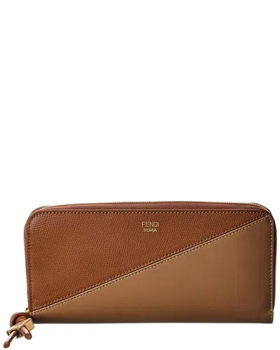 Fendi Ff Diamonds Zipper Around Large Leather Wallet In Brown