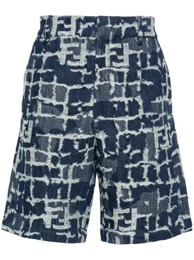 Fendi Ff Jacquard Denim Shorts In Blue