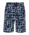 Fendi Blue Bermuda Shorts With Ff Print In Cotton And Linen Man In Blue