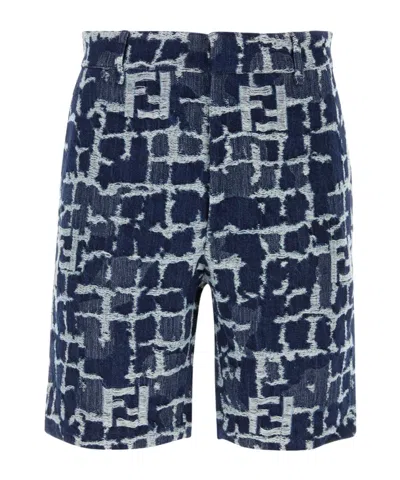 FENDI FENDI FF FRAYED JACQUARD DENIM SHORTS