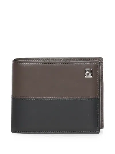 Fendi Ff Double Two-tone Black And Ebony Leather Bi-fold Coin Wallet In Brown