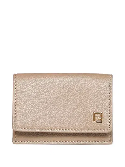 Fendi Ff Dove Gray Leather Card Holder In Neutral