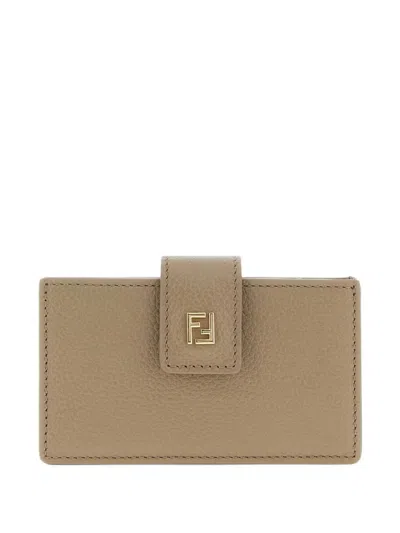 Fendi Ff Dove Grey Leather Card Case In Brown