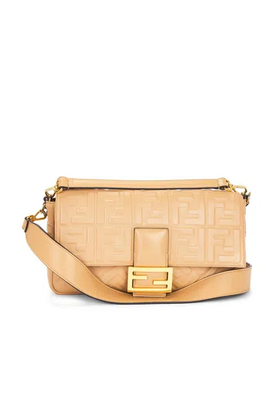 Pre-owned Fendi Ff Embossed Baguette Shoulder Bag In Sand