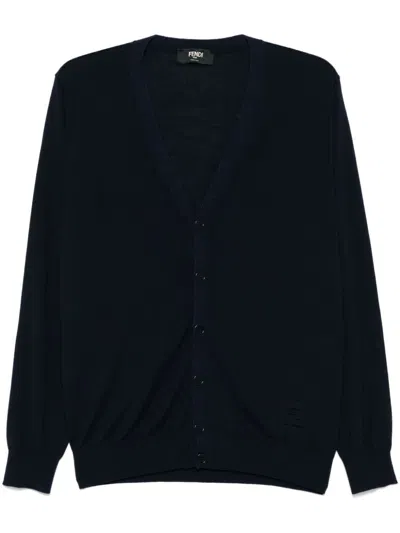 Fendi Ff-embossed Cardigan In Blue