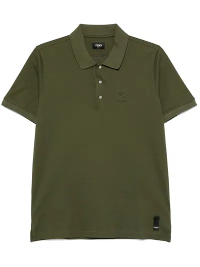 Fendi Embossed Logo Polo Shirt With Ribbed Collar In Green