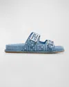 Fendi Ff Embroidered Denim Dual Buckle Slide Sandals In Blue