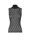 Fendi Women Black Crewneck Sleeveless Top With All-over Ff Motif And Rear Zip Closure In Tech Fabric In Black