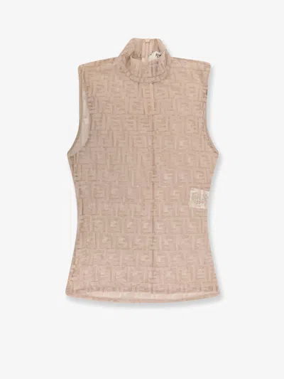 Fendi Women Ff Embroidered Jersey Top In Neutral