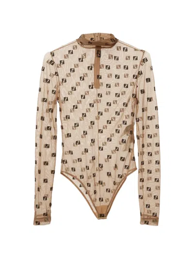 Pre-owned Fendi Ff Embroidered Tulle Bodysuit In Neutrals