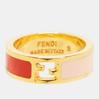 Pre-owned Fendi Ff Enamel Gold Tone Ring Size 50
