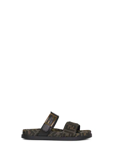 Fendi Ff Fabric And Leather  Feel Slide Sandals In Green