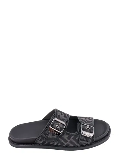 Fendi Feel Ff Jacquard Sandals In Gray Black+black