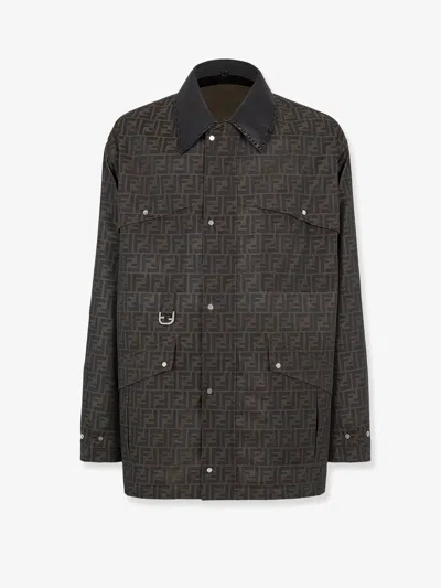 FENDI FF FABRIC JACKET WITH LEATHER COLLAR