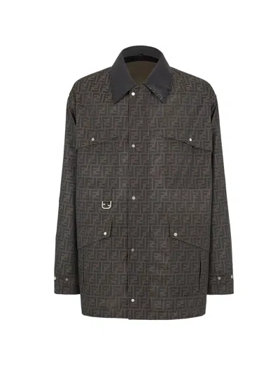 Fendi Ff Fabric Jacket With Leather Collar In Brown