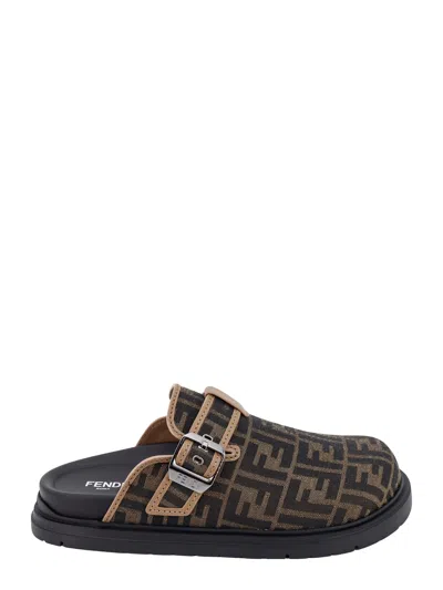 Fendi Ff Jacquard Slippers In Brown