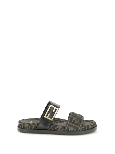 Fendi Leather Sandals With Double Strap And Buckle In Black