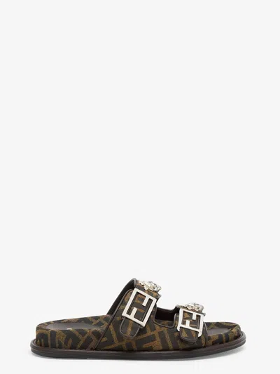 Fendi Ff Fabric Slide Sandals Shoes In Brown