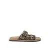 Fendi Canvas Feel Slippers With Adjustable Straps And Ff Motif Embroidery In Brown