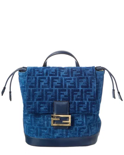Fendi Ff Flocked Denim & Leather Backpack In Blue