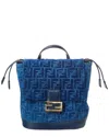 Fendi Ff Flocked Denim & Leather Backpack In Blue