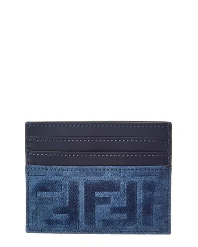 Fendi Ff Flocked Denim & Leather Card Holder In Blue