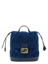 Fendi Women Denim Backpack With Flocked Ff Detail In Blue