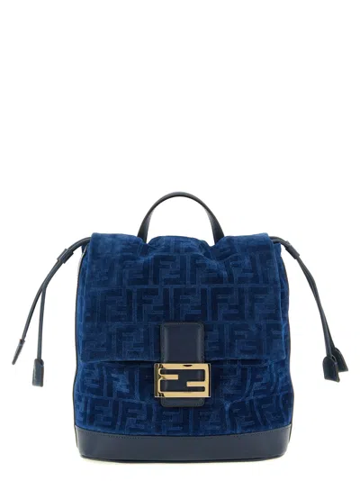 Fendi Ff Flocked Denim Backpack In Blue