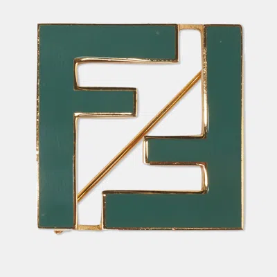 Pre-owned Fendi Ff Green Enamel Gold Tone Brooch