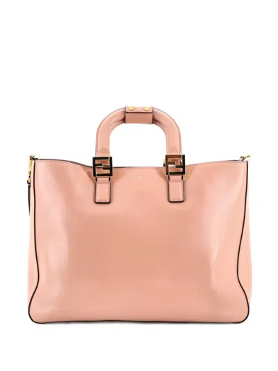 Pre-owned Fendi Ff Handle Leather Medium Tote Bag In Pink