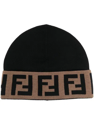 Fendi Ff Intarsia-knit Beanie In Brown