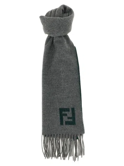 Fendi Double-sided Wool-cashmere With Ff Intarsia Scarf In Gray