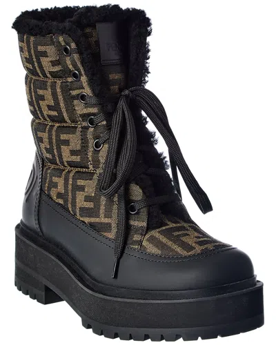 Fendi Ff Jacquard & Leather Biker Boot In Brown