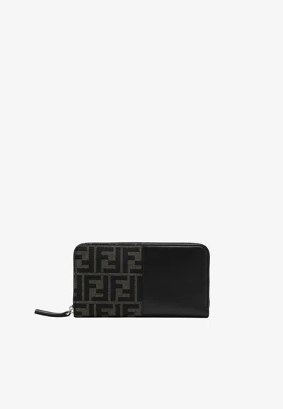 Fendi Ff Jacquard And Leather Zip-around Wallet In Black