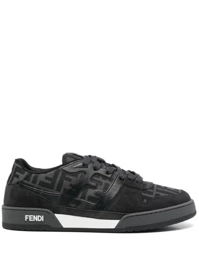 Fendi Black Ff Jacquard And Gray Suede Low-tops