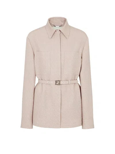 Fendi Ff Jacquard Belted Waist Jacket In Beige