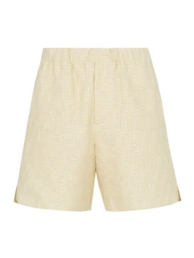 Fendi Jacquard Linen And Cotton Bermuda Shorts With All-over Ff Motif In Yellow
