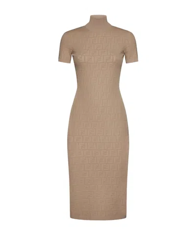 Fendi Ff Jacquard Body-con Midi Dress In Nude