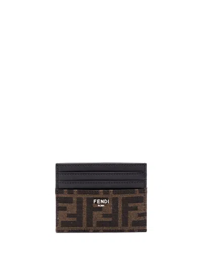 Fendi Men Leather Card Holder With Ff Jacquard Fabric Inserts In Brown