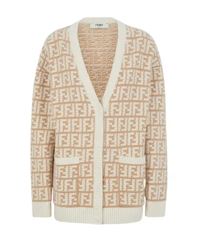 Fendi Ff-jacquard Cashmere Cardigan In Nude