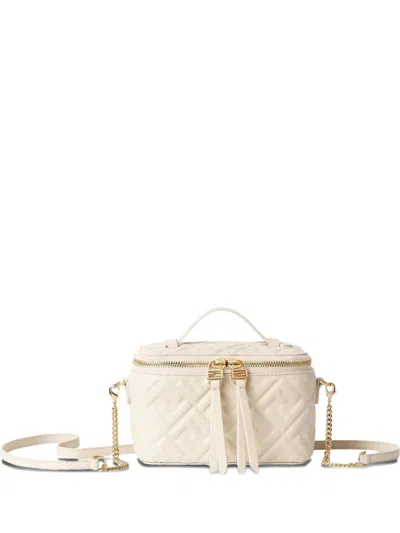 Fendi Vanity Handbag Adjustable Strap Embossed Pattern Top Handle In White