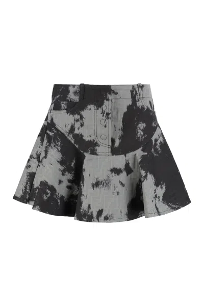 Fendi Ff Jacquard Denim Flared Mini Skirt In Multi